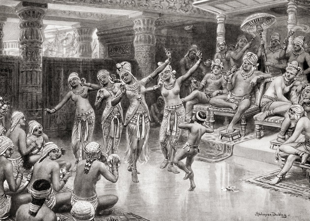 Impresión de un artista del siglo XIX de Gautamiputra Satakarani celebrando su victoria sobre Nahapana, de la Historia de las Naciones de Hutchinson, pub.1915 de after Robert Dudley