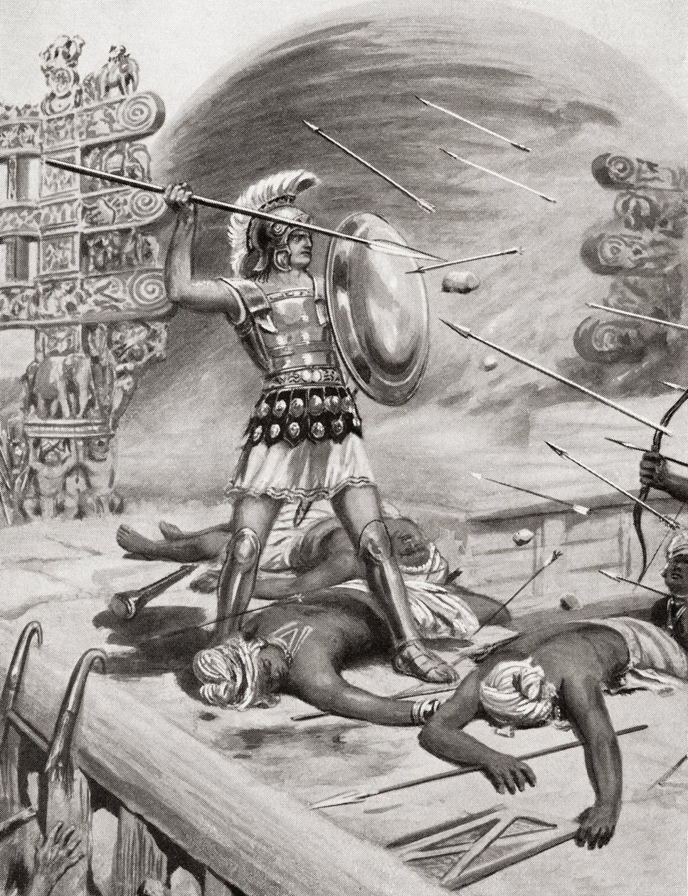 Alejandro Magno luchando contra los Assacani en la ciudad fortificada de Massaga, India durante su campaña india en 326 a.C., de la Historia de las Naciones de Hutchinson, pub.1915 de after Robert Dudley