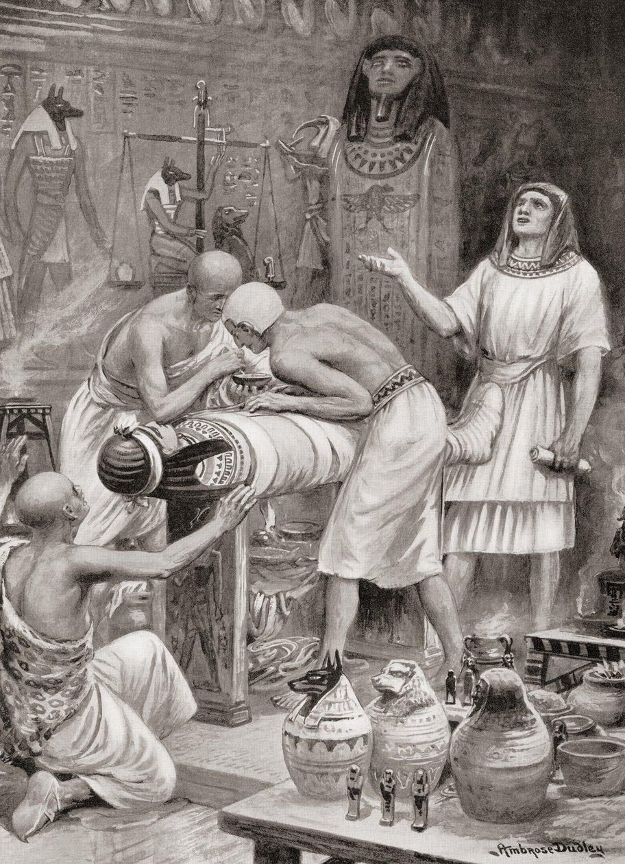 Embalsamando un cuerpo en el antiguo Egipto, de la Historia de las Naciones de Hutchinson, pub.1915 de after Robert Dudley