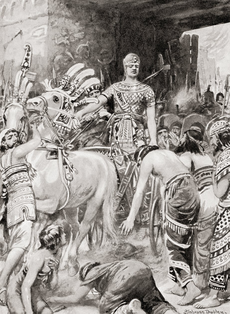 Psamtik I de Egipto entrando en la ciudad de Azotus o Ashdod, de la Historia de las Naciones de Hutchinson, pub.1915 de after Robert Dudley