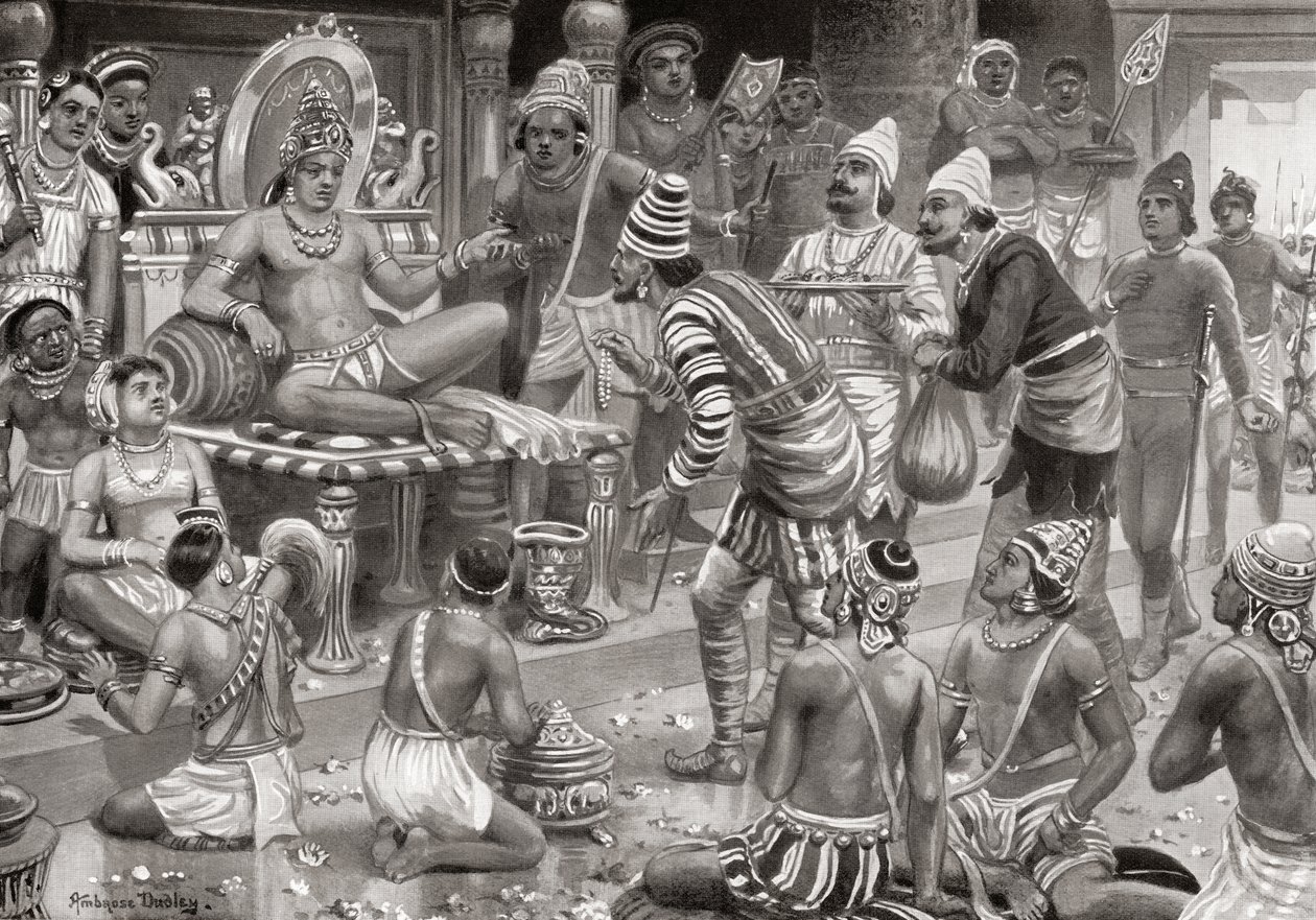Pulakeshin II, el Chalukaya, recibiendo enviados de Persia en Badami, de la Historia de las Naciones de Hutchinson, pub.1915 de after Robert Dudley