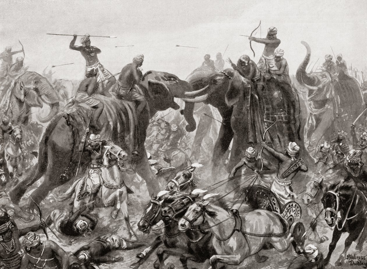 La derrota de Pulakeshin Chalukhya por Narasimhavarman I en Badami en 642 d.C., de la Historia de las Naciones de Hutchinson, pub.1915 de after Robert Dudley