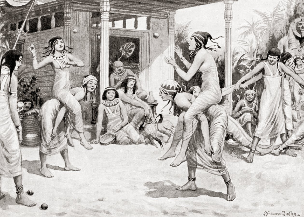 Niñas jugando a la pelota en forma de danza en el antiguo Egipto, de la Historia de las Naciones de Hutchinson, pub.1915 de after Robert Dudley