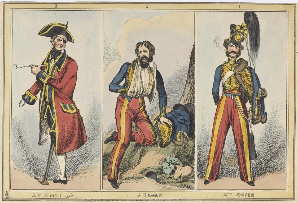 1. En casa 2. En el extranjero 3. De vuelta en casa, c.1830 de after William Heath