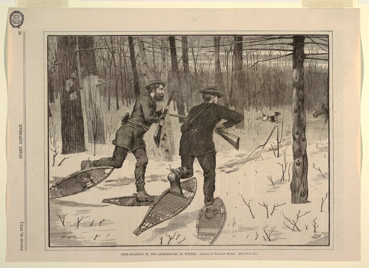 Caza de Ciervos en los Adirondacks en Invierno, de Every Saturday, 21 de enero de 1871, p. 57 de Winslow Homer
