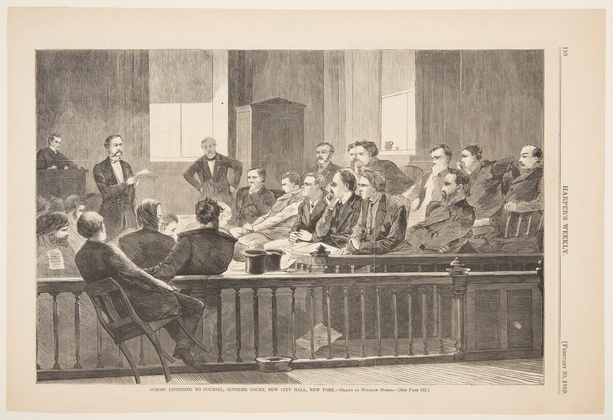 Jurados escuchando al abogado, Corte Suprema, Nuevo Ayuntamiento, Nueva York de after Winslow Homer