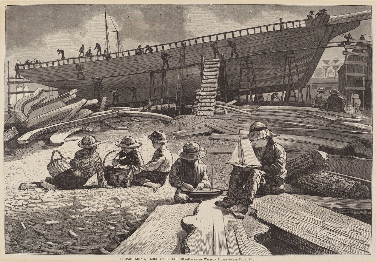 Construcción de barcos, Puerto de Gloucester de after Winslow Homer