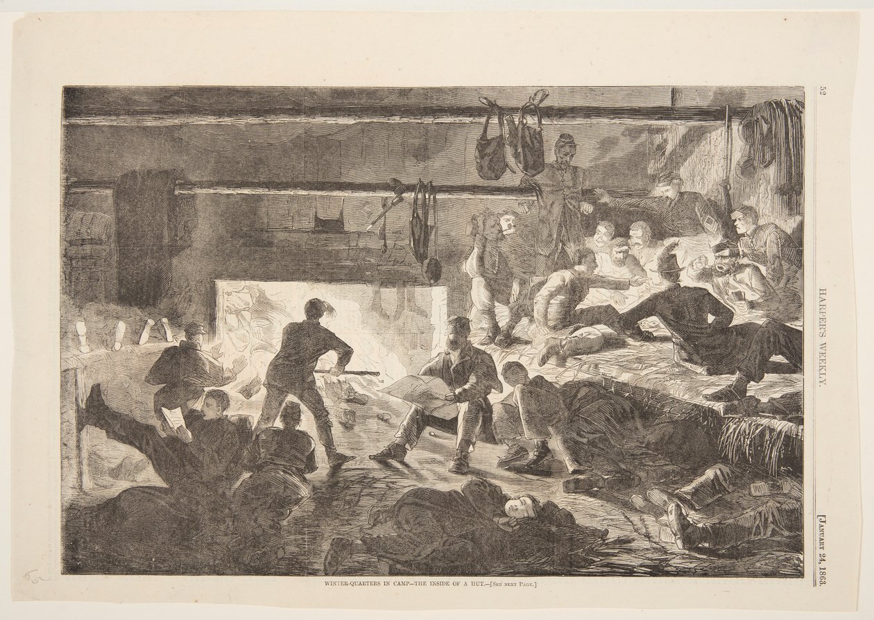 Cuarteles de invierno en el campamento – El interior de una cabaña de Winslow Homer