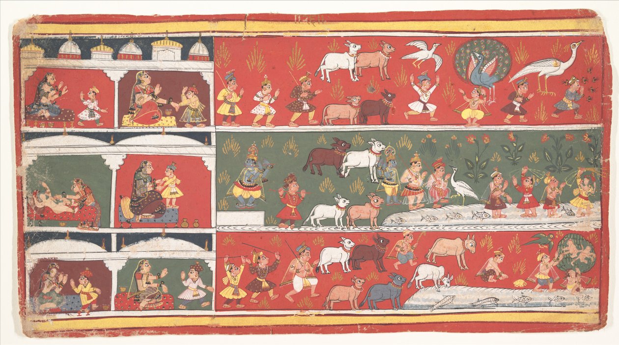 Bakasura, el Demonio Grulla, Llega a Brindavan: Página de un Bhagavata Purana disperso (Antiguas historias del Señor Vishnu) de anonymous 
