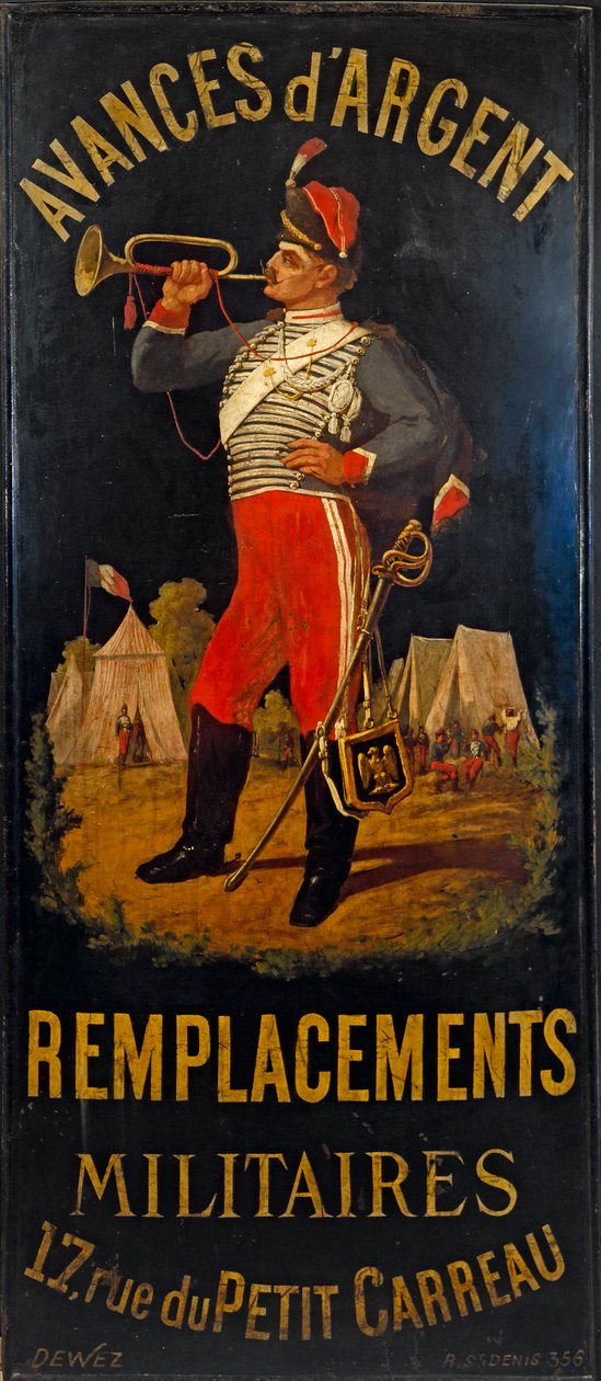 Francés: Au hussard. Cartel de la oficina de reemplazo militar. 17 rue des Petits- Carreaux, distrito 11, París de anonymous 