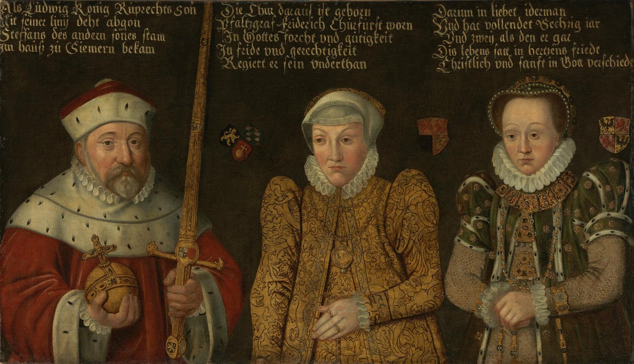 Alemán: Retrato del príncipe elector Federico III del Palatinado (1515-1576) con sus esposas Maria von Brandenburg-Kulmbach y Amalia von Neuenar de anonymous 