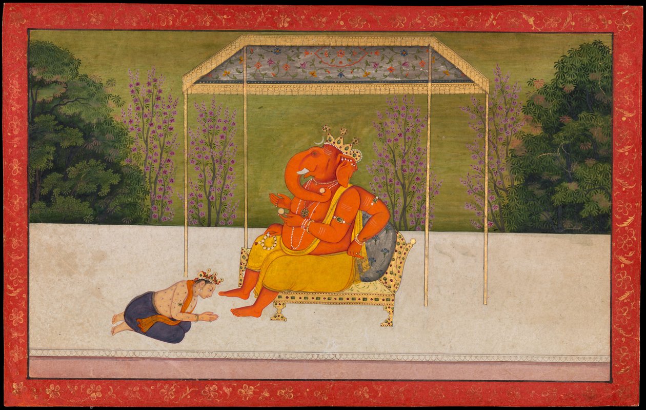 "Indra venera al dios de cabeza de elefante Ganesha, sentado en un trono". Folio de la serie Tehri Garhwal del Gita Govinda de anonymous 
