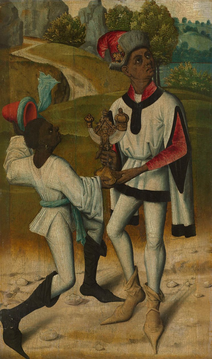 El rey Baltasar, uno de los Tres Reyes Magos, y un sirviente, fragmento de Una adoración de los Reyes Magos de anonymous 