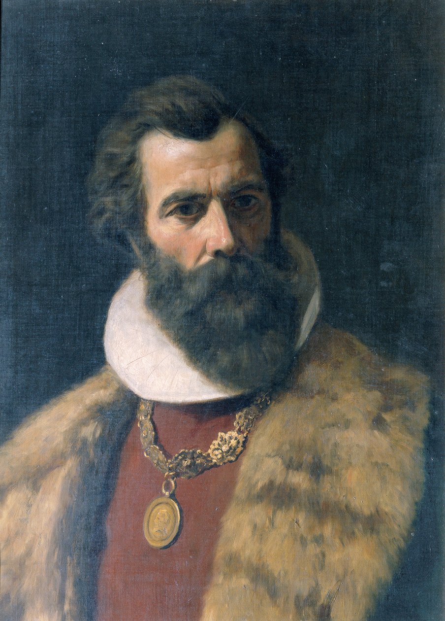Hombre barbudo con cuello de piel y cadena. de anonymus