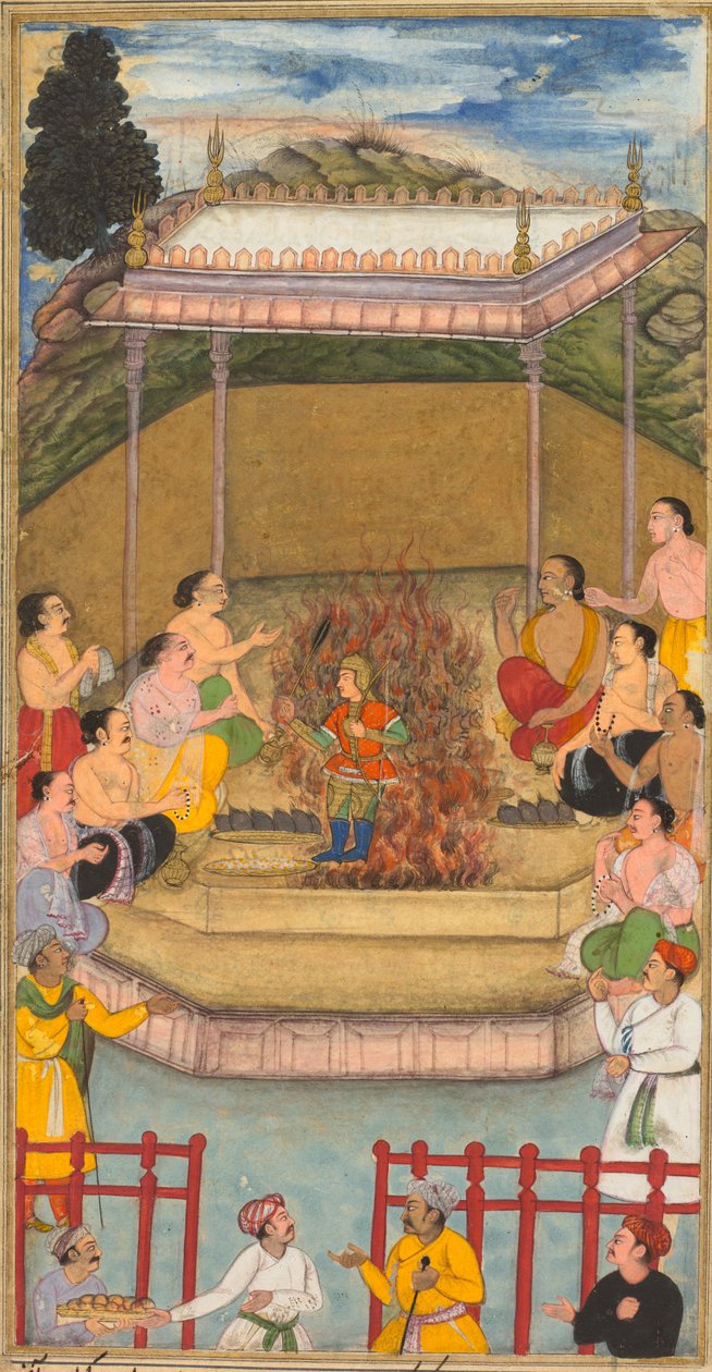 Yaja y Upayaja realizan un sacrificio por el surgimiento de Dhrishtadyumna del fuego, de Adi-parva (volumen uno) del Razm-nama (Libro de las Guerras) adaptado y traducido al persa por Mir Ghiyath al-Din Ali Qazvini, conocido como Naqib Khan (persa, m. 1614 de attributed to Bilal Habshi (probably Ethiopian, active late 1500s)