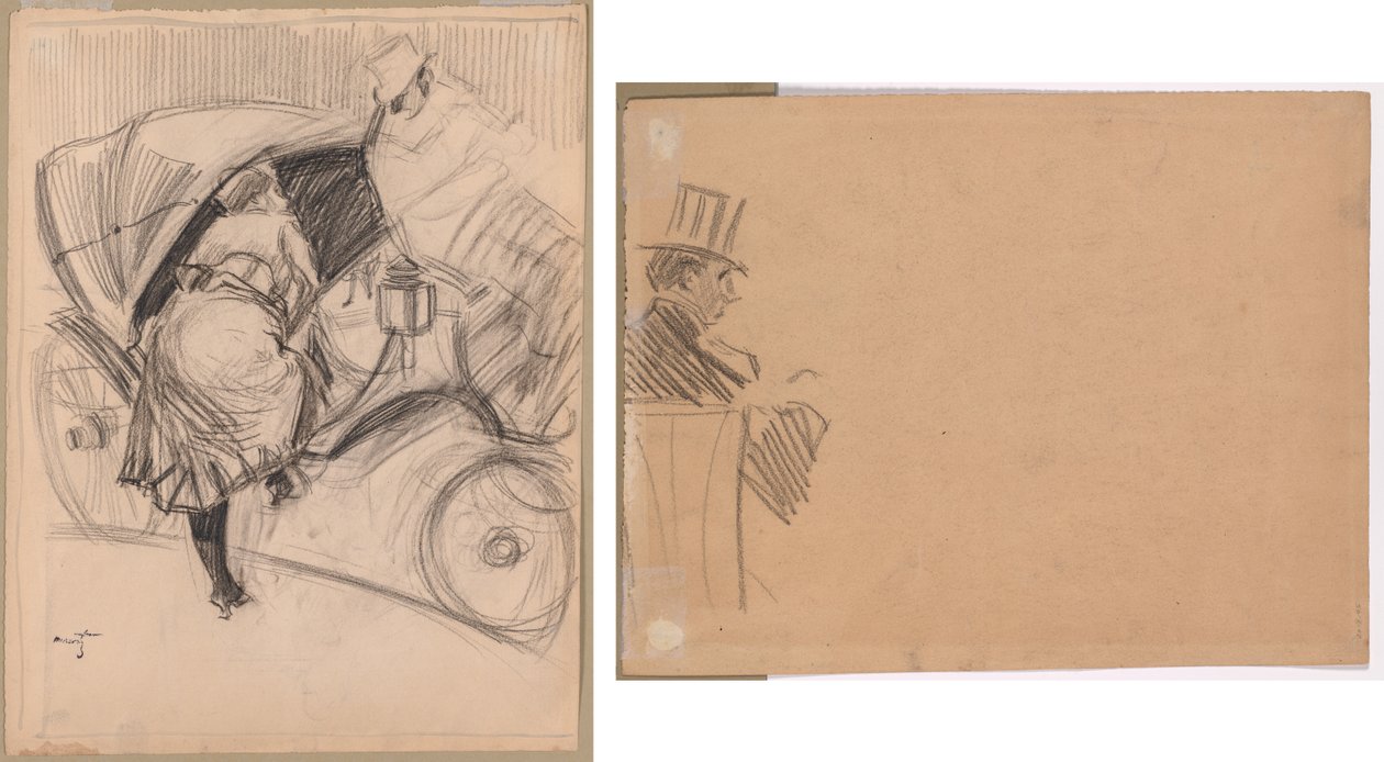 Mujer entrando en un fiacre (recto); Perfil derecho de un hombre con sombrero alto (verso) de attributed to Jean Louis Forain