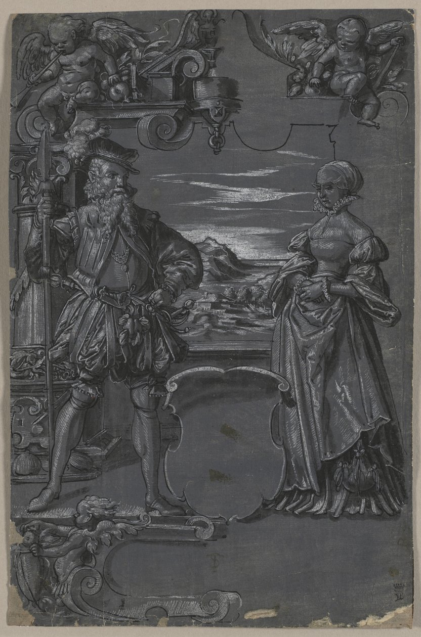 Diseño para pintura en vidrio: Hombre y mujer en entorno arquitectónico de attributed to Tobias Stimmer