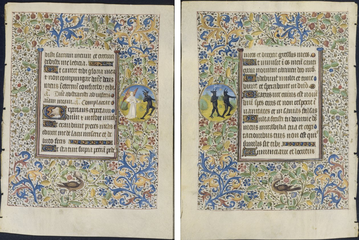 Hoja de un libro de horas: Angel Chasing a Devil (anverso) y Two Devils (verso) de circle of Coëtivy Master