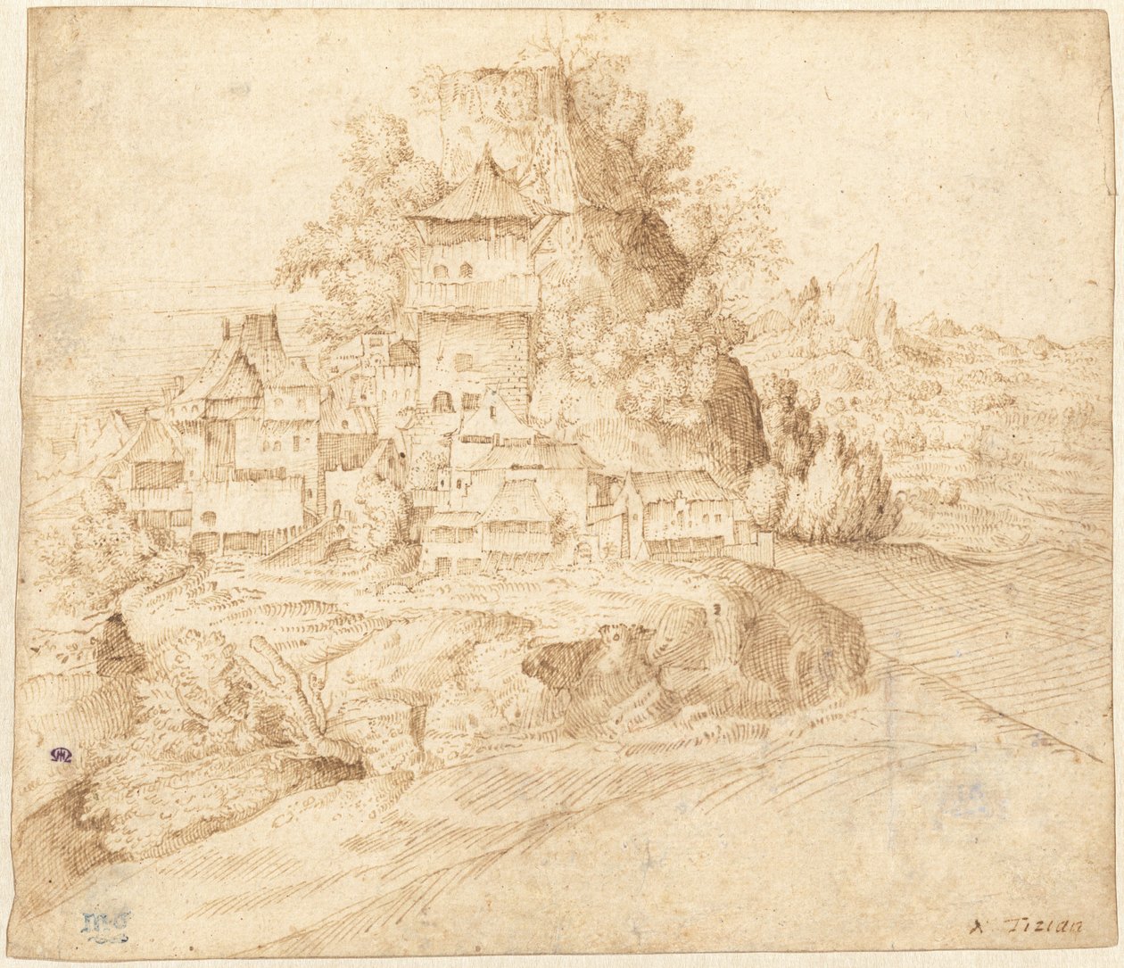 Un Pueblo Anidado al Pie de una Colina (recto) de circle of Giorgione