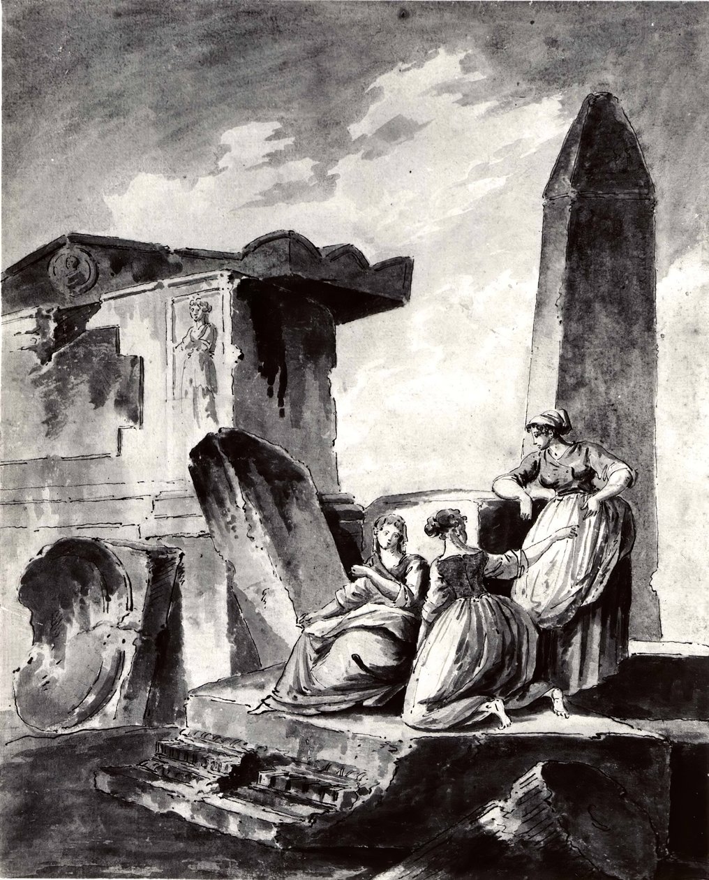 Tres chicas jóvenes junto a ruinas, ca. 1790 de copy after Hubert Robert.