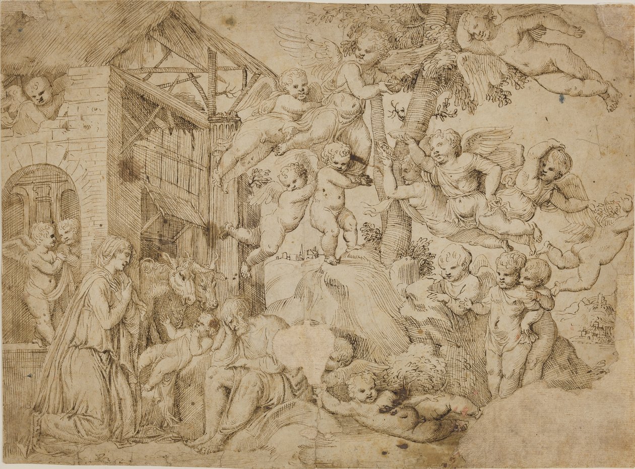 La adoración del Niño Jesús con un coro de putti de dall
