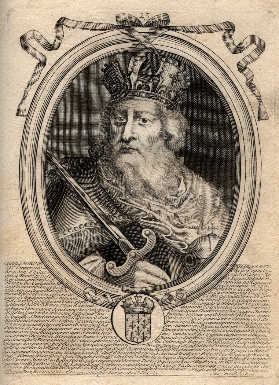 Carlomagno (Carlos I llamado el Grande, Carolus Magnus, 742-814), Rey de los Francos - Carlomagno (Carolus Magnus, Carlos el Grande) (747-814) Rey de los Francos y Emperador Cristiano de Occidente - grabado de 