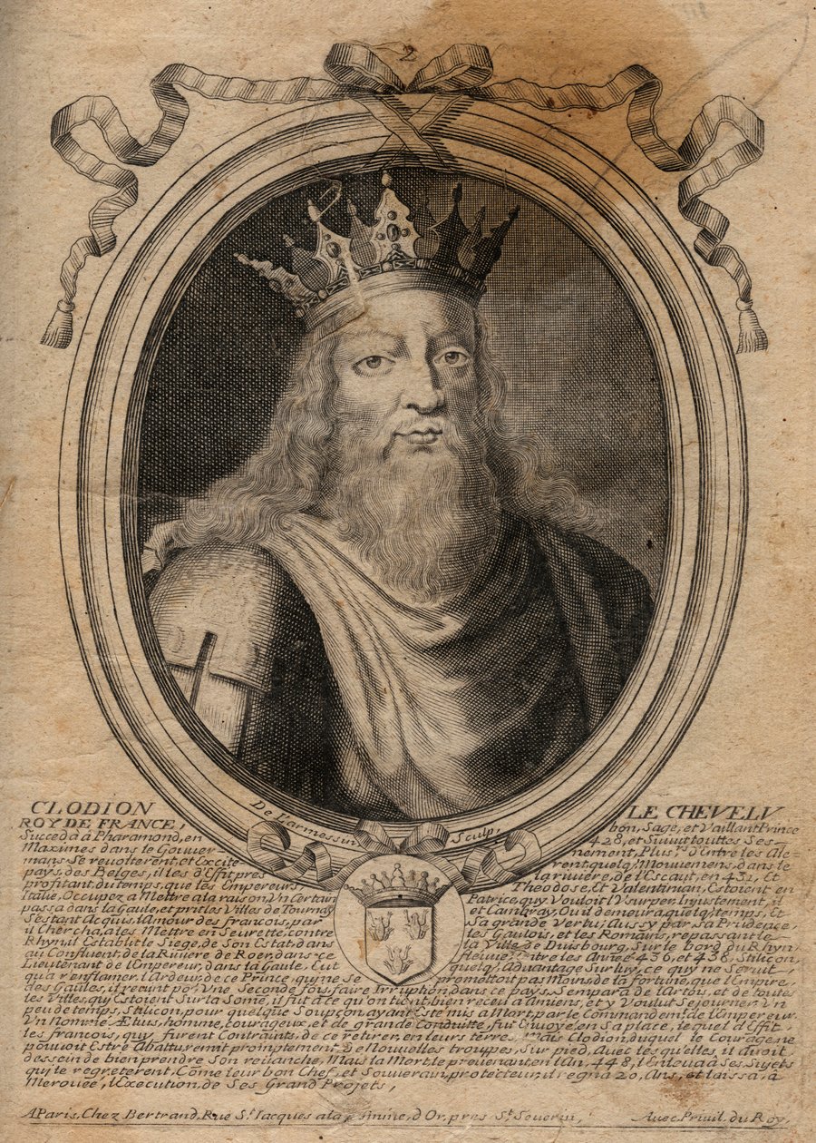 Clodion llamado "Le Chevelu" (428-448), ancestro de los Merovingios, jefe de los Francos Salians - Clodion El Peludo (c.428-47) Rey de una Tribu de los Francos Salians - grabado de 