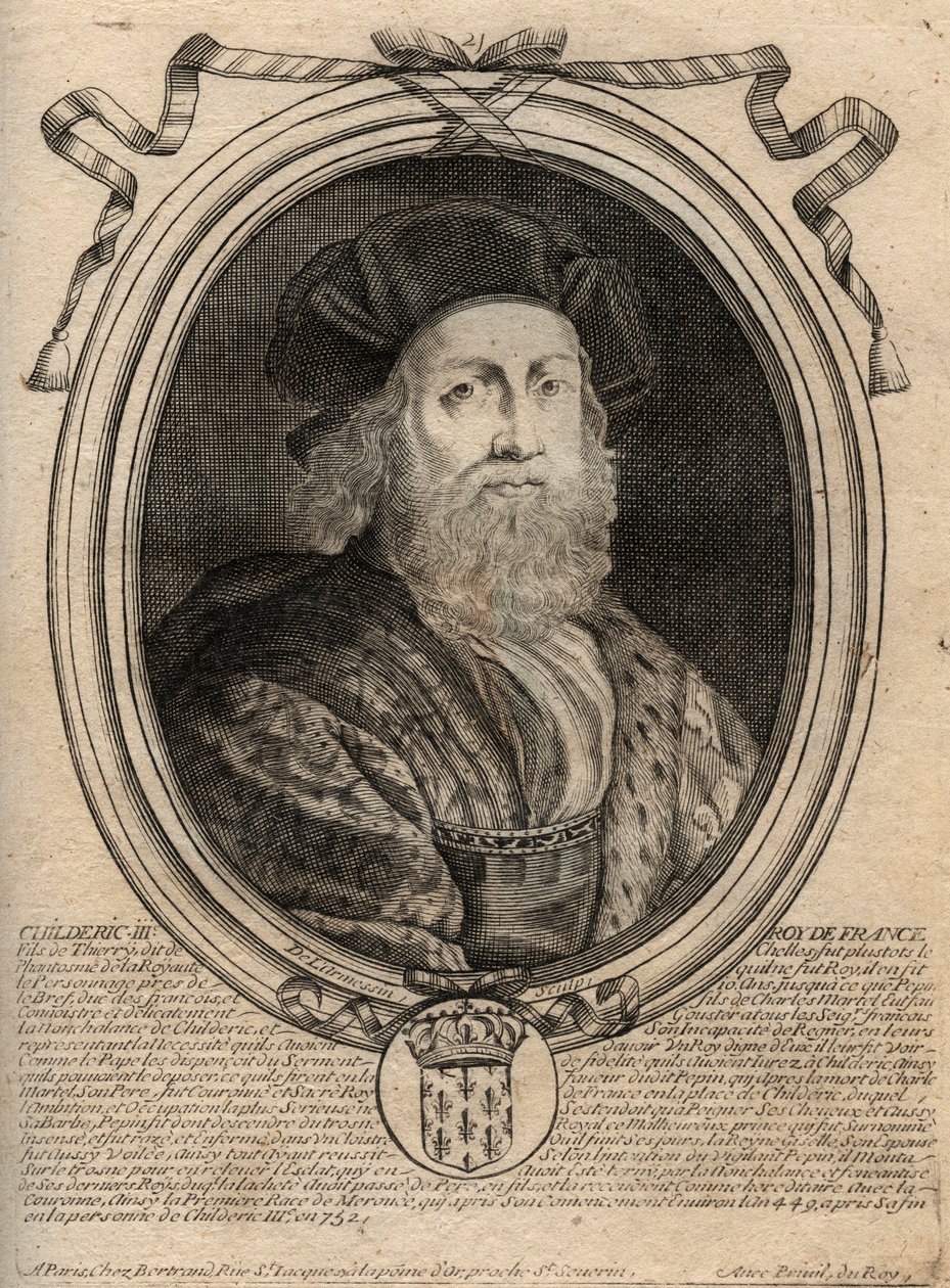 Dinastía de los Merovingios: Retrato de Childerico III (714-755) Rey de los Francos - grabado de 