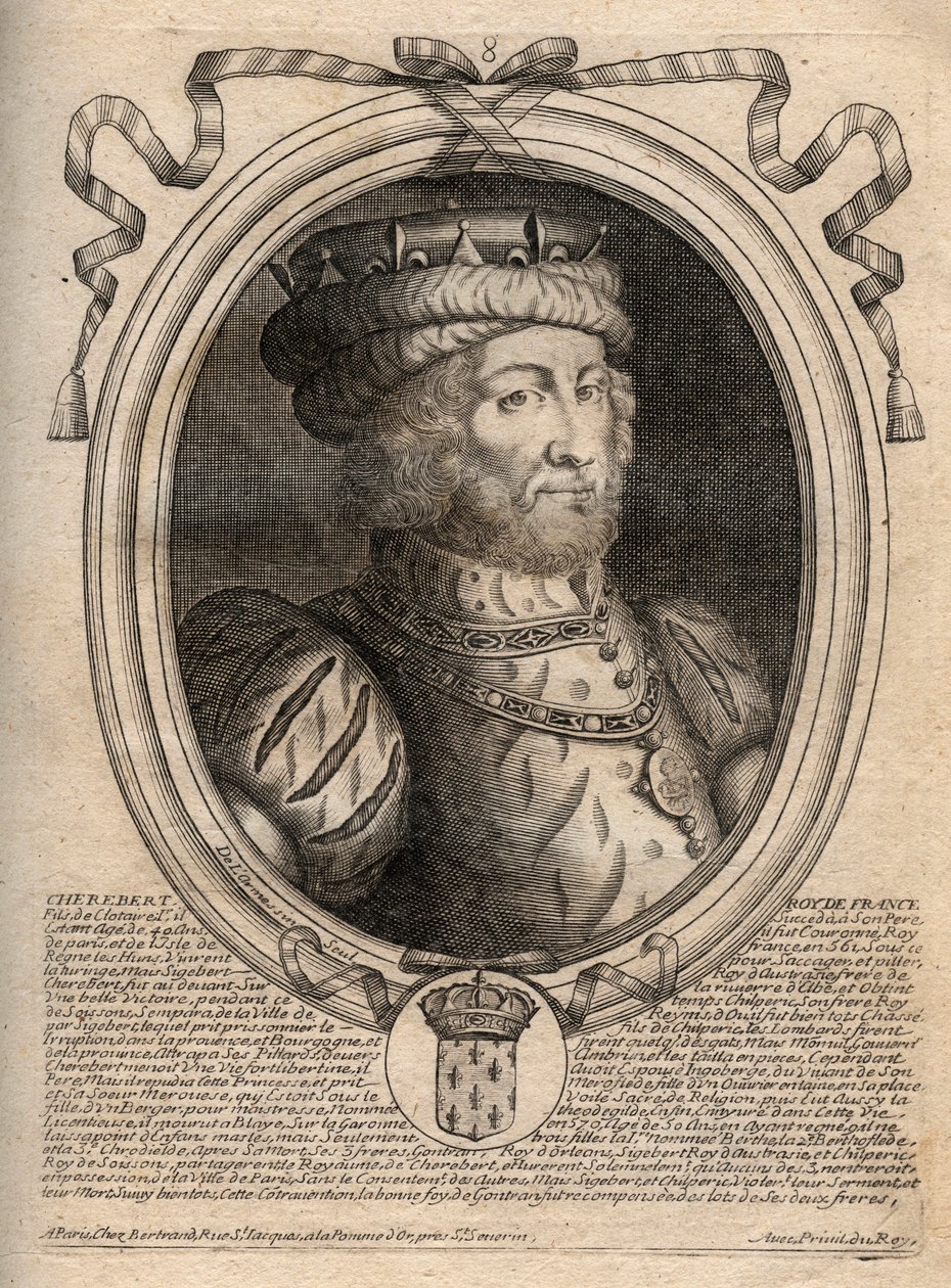 Retrato de Cariberto, rey de los Francos (561-567) - grabado de 