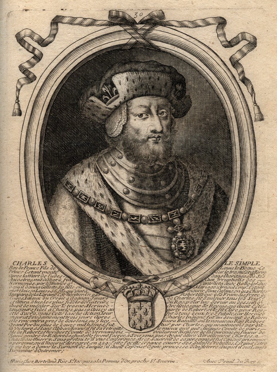 Retrato de Carlos III llamado el Simple (879-929) rey de los Francos - CARLOS III (879-929) - Carlos el Simple - Rey de Francia, 893-923 - grabado de 