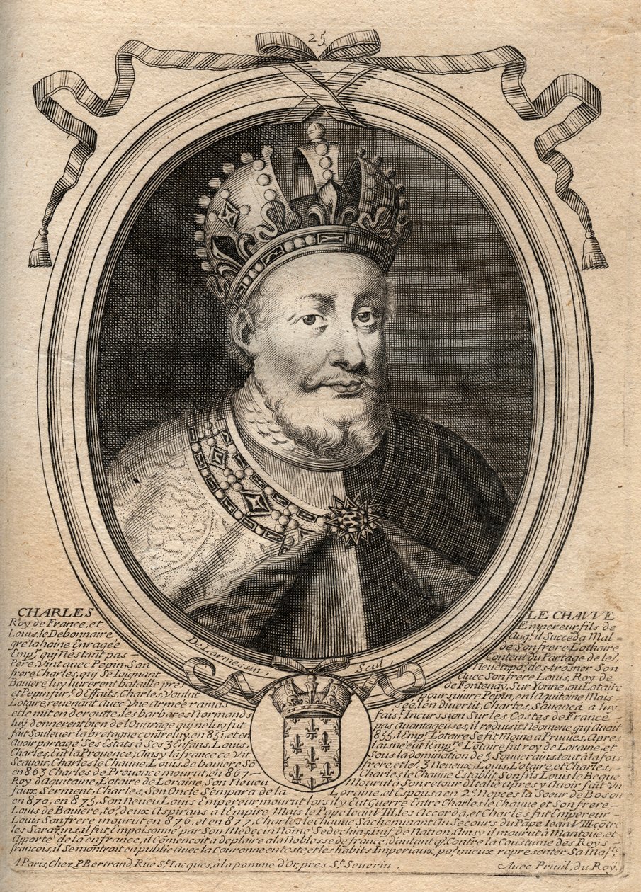Retrato de Carlos II el Calvo (823 - 877), Rey de Francia - Carlos II (823-77) el Calvo - grabado de 