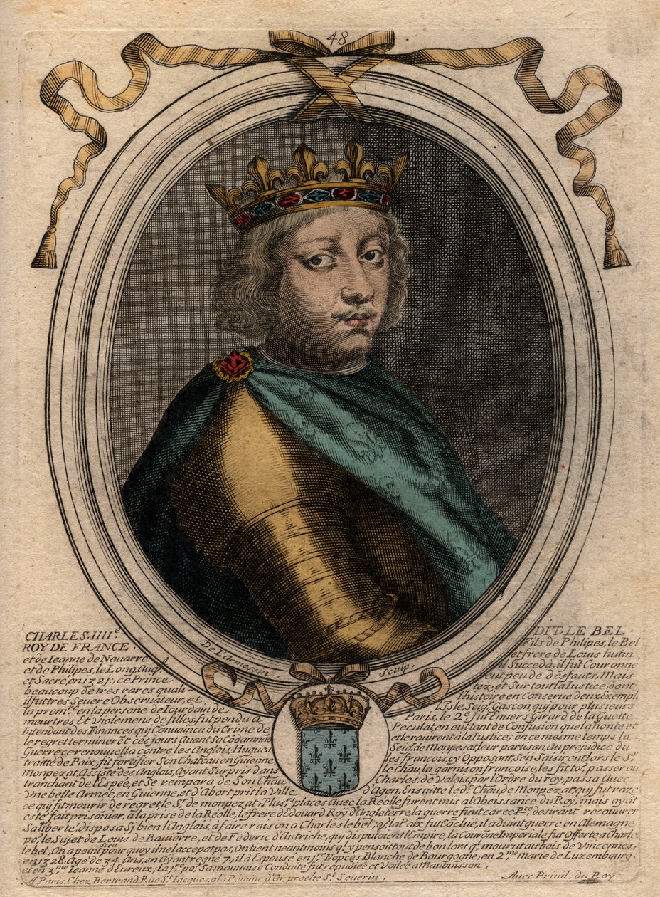 Retrato de Carlos IV el Hermoso (1294-1328), Rey de Francia - grabado de 