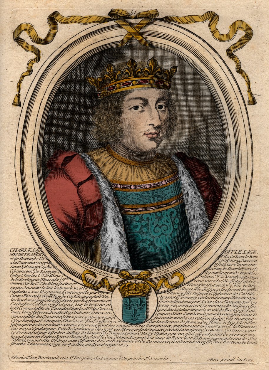 Retrato de Carlos V el Sabio (1338 - 1380) - Carlos V el Sabio, Rey de Francia de la Casa de Valois - grabado de 