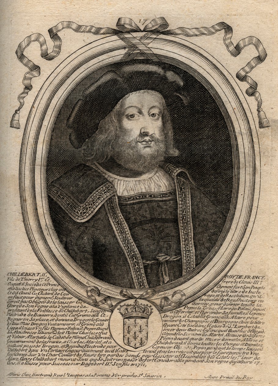 Retrato de Childeberto II (c. 570 - 596), Rey de Austrasia - Childeberto II 570 a 595 Rey Merovingio de Austrasia - grabado de 