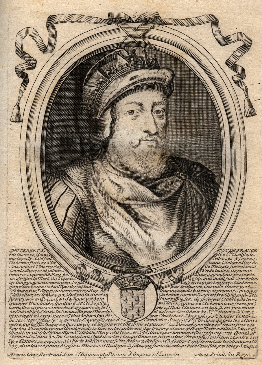Retrato de Childeberto I, Rey de los Francos - Rey Childeberto I (497-558) - grabado de 