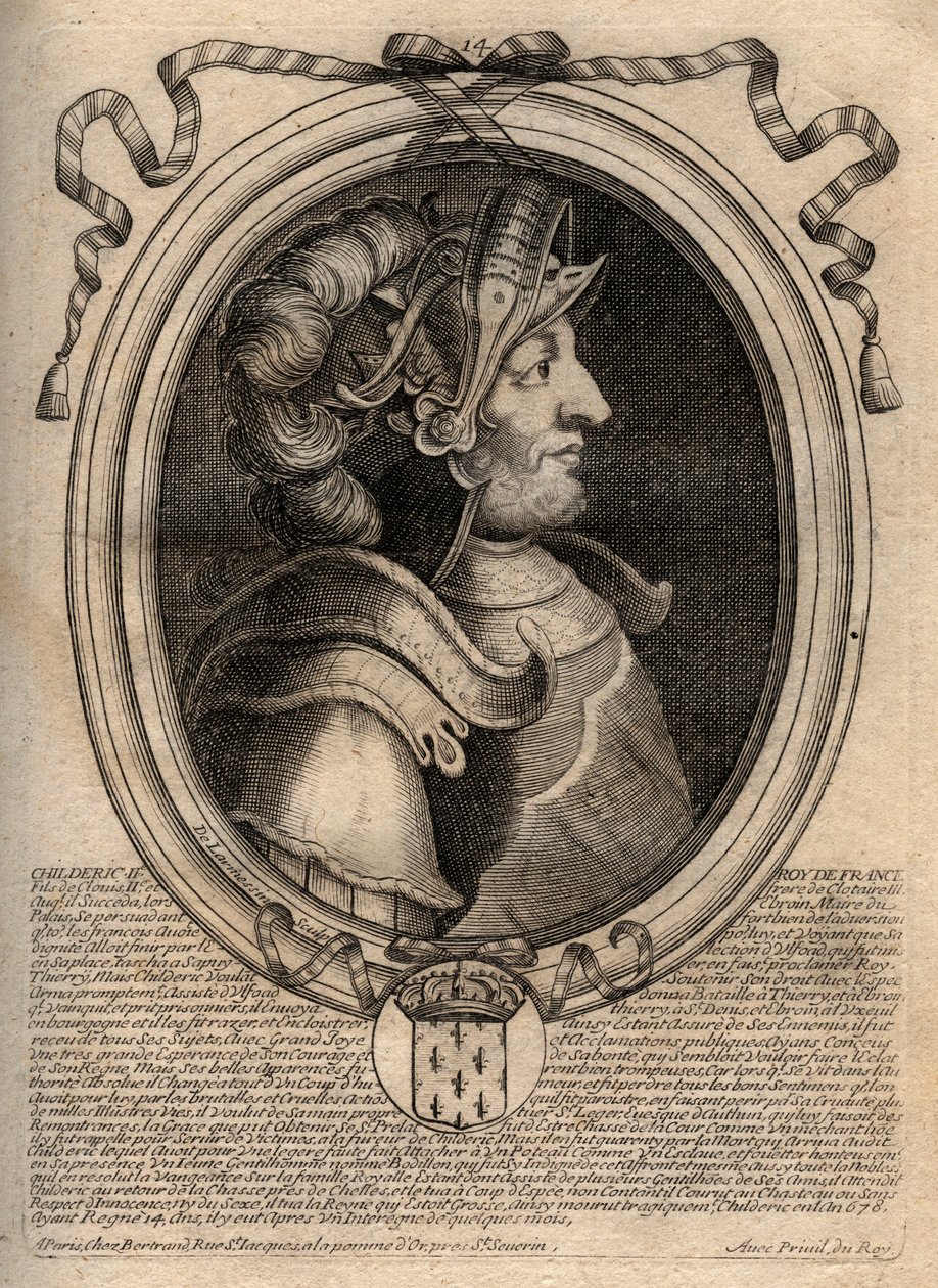 Retrato de Childerico II, Rey de los Francos de 670 a 673 - grabado de 