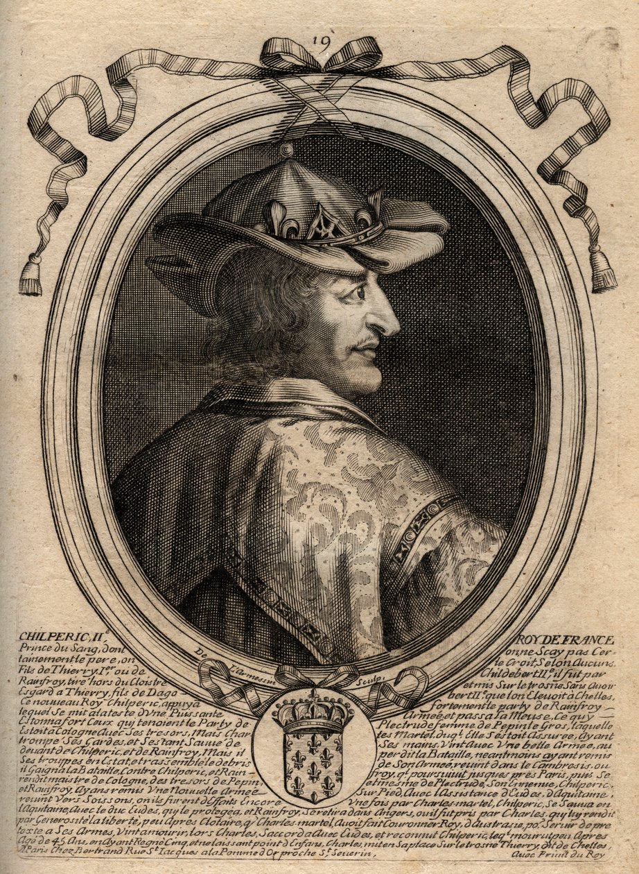 Retrato de Chilperico II (c. 670 - 721), rey de Neustria - Chilperico II rey de los francos - grabado de 