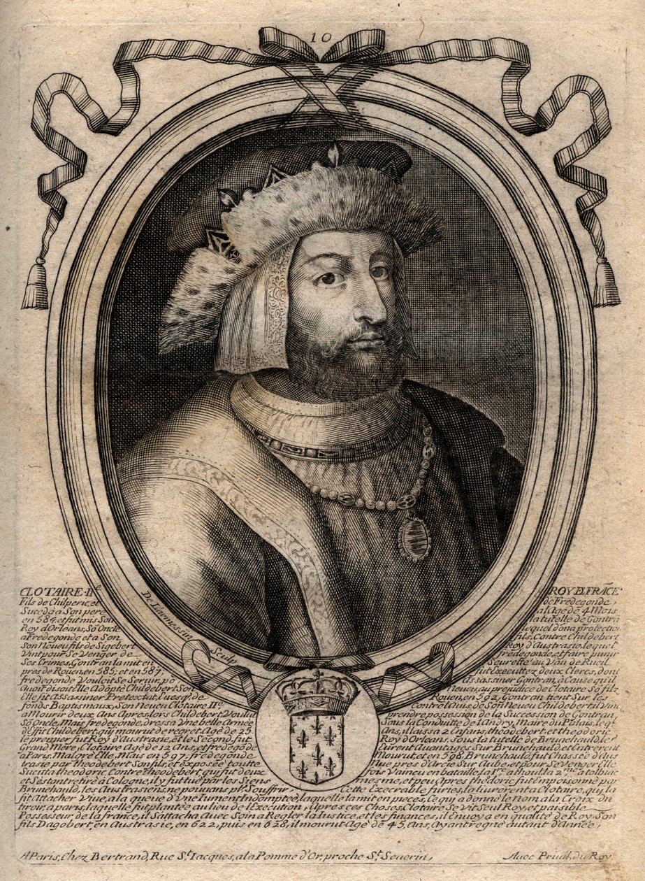 Retrato de Clotario II (584-628), Rey de Neustria y Rey de los Francos - grabado de 