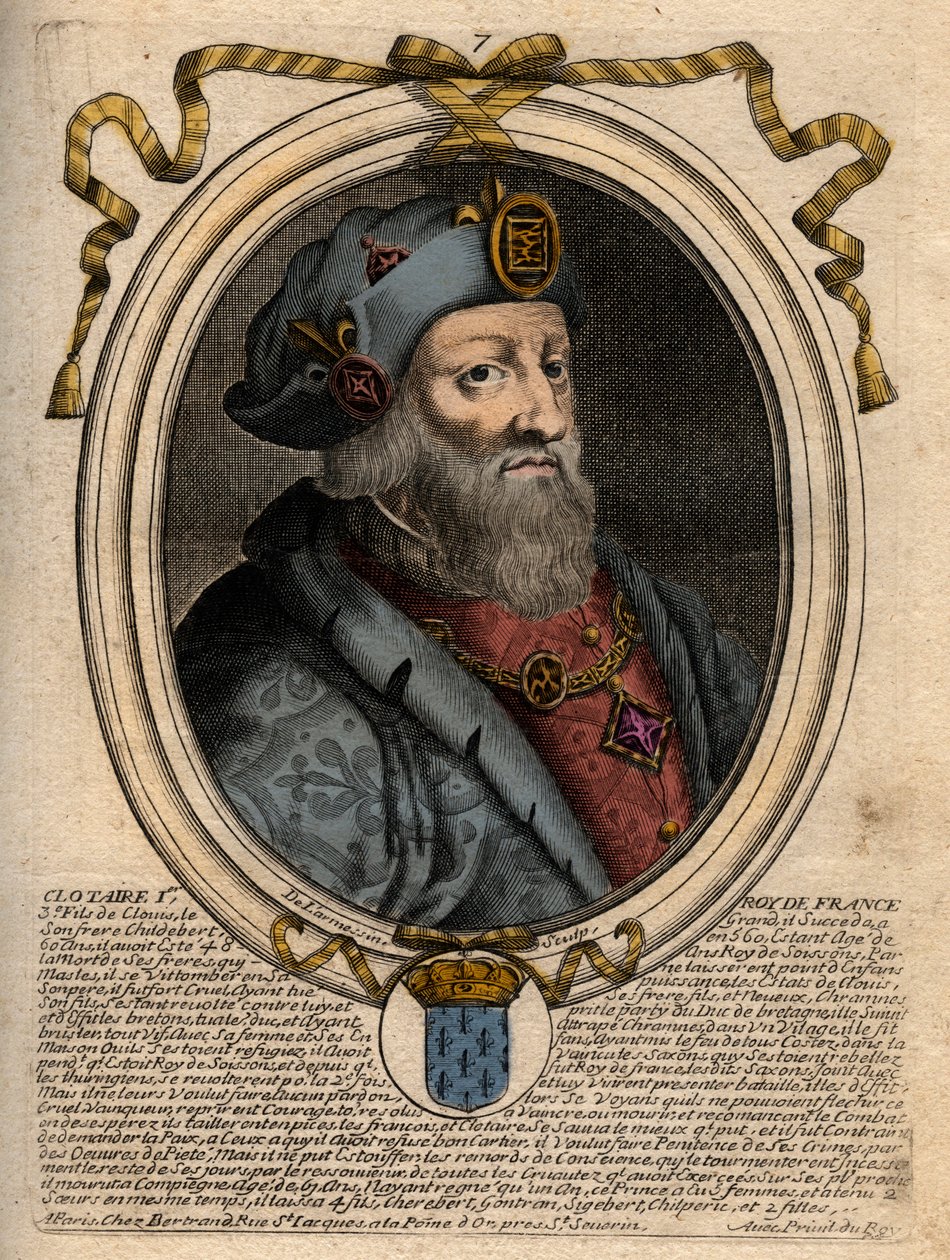 Retrato de Clotario I (497-561), Rey de Neustria y Rey de los Francos - Clotario I, Rey de los Francos - grabado de 