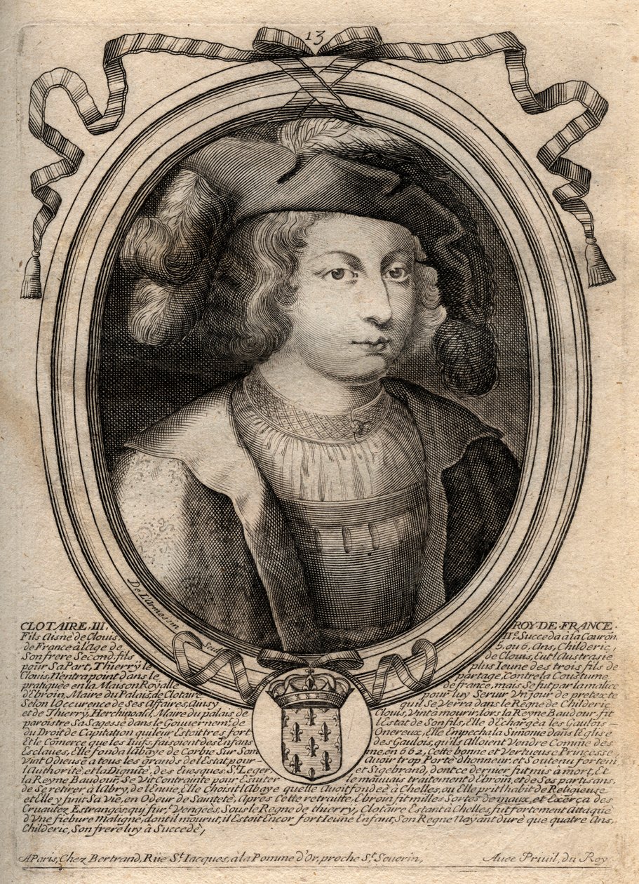 Retrato de Clotario III (652 - 673), Rey de Neustria y Borgoña - Clotario III, Rey de los Francos de la casa de los Merovingios - grabado de 