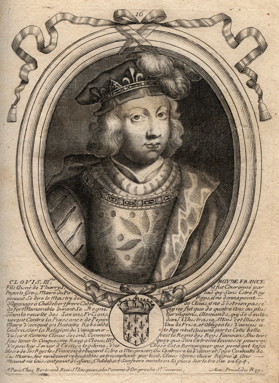 Retrato de Clovis III, rey de los Francos de 691 a 695 - CLOVIS III Rey Merovingio de Neustria y Austrasia - grabado de 