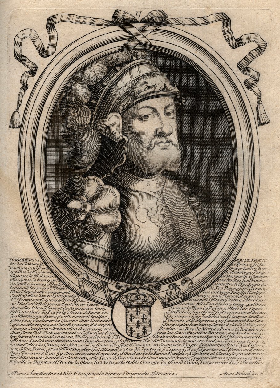 Retrato de Dagoberto, Rey de los Francos de 628 a 638 - Dagoberto (605-39) Rey de los Francos - grabado de 
