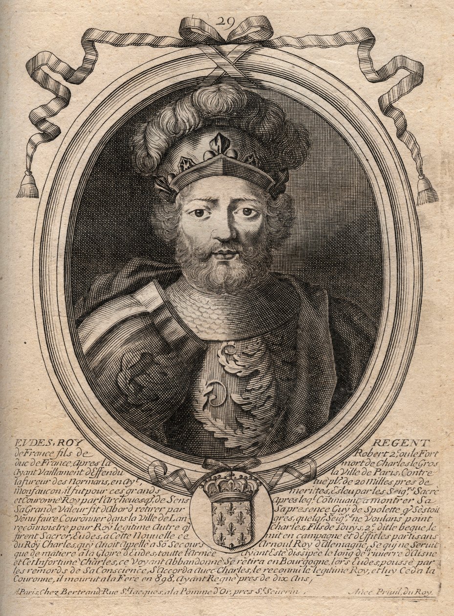 Retrato de Eudes (Odon) (v. 860 - 898), Conde de París y Troyes, luego Rey de Francia - EUDES conde de París elegido al trono francés tras la deposición de Carlos el Emperador - grabado de 