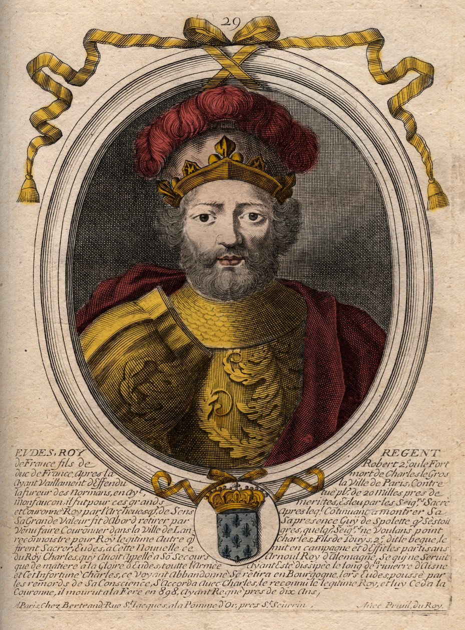 Retrato de Eudes (Odon) (v. 860 - 898), Conde de París y Troyes, luego Rey de Francia - EUDES conde de París elegido al trono francés tras la deposición de Carlos el Emperador - grabado de 