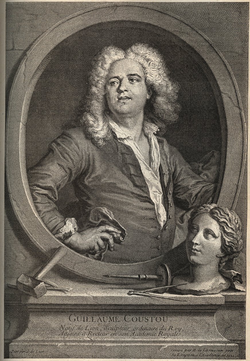 Retrato de Guillaume Coustou (1677-1746) escultor francés - grabado por Larmessin después de J.de Lien de de Larmessin