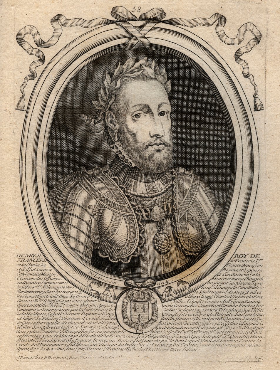 Retrato de Enrique II (1519-1559) Rey de Francia - Grabado de 