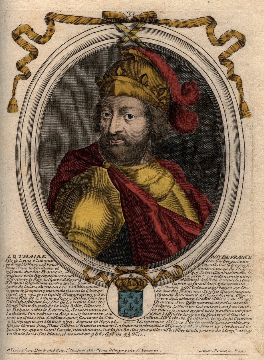 Retrato de Lotario (941-986), Rey de los Francos - grabado de 