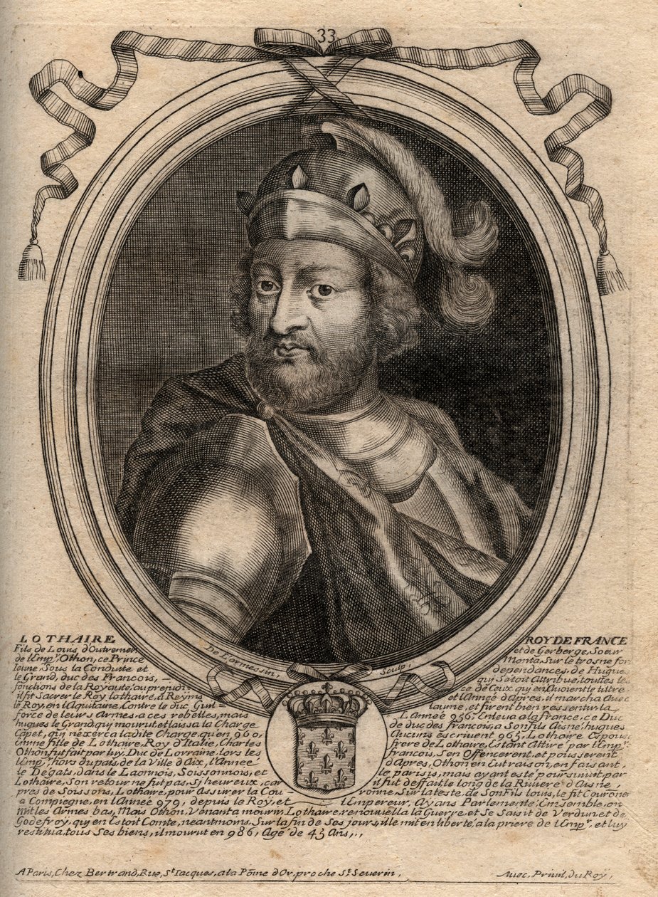 Retrato de Lotario (941-986), Rey de los Francos - grabado de 