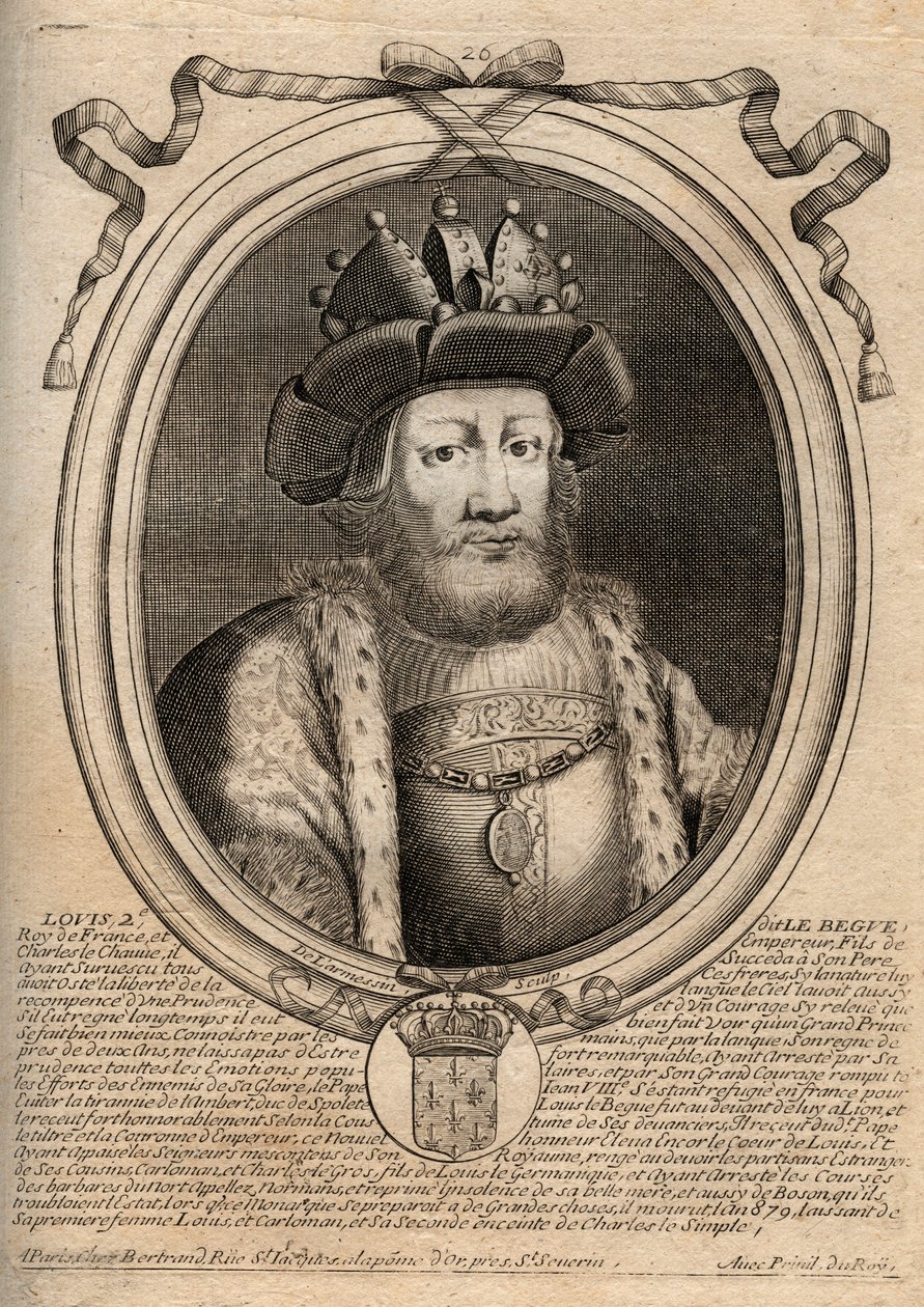 Retrato de Luis II el Tartamudo o el Holgazán (846 - 879), Rey de los Francos - Luis II El Tartamudo 848 a 879 - grabado de 