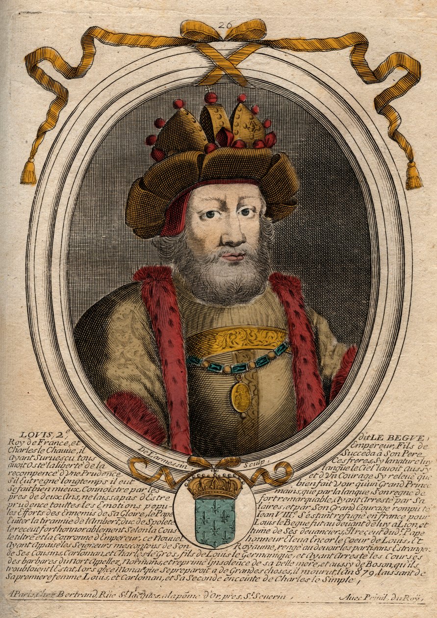 Retrato de Luis II el Tartamudo o el Holgazán (846-879), Rey de los Francos - Luis II El Tartamudo 848 a 879 - grabado de 